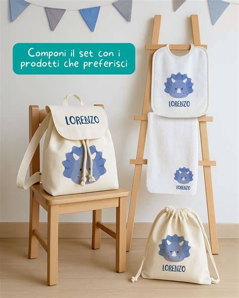 set asilo personalizzato con ricami e scatolina regalo